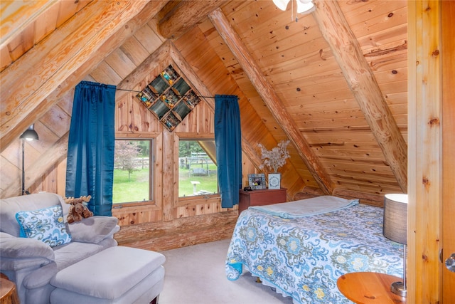 carpeted bedroom with lofted ceiling with beams, wood walls, and wood ceiling