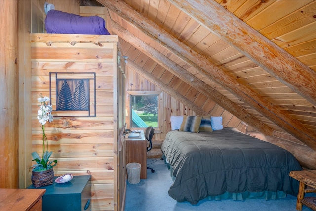 carpeted bedroom featuring lofted ceiling with beams, wood walls, and wood ceiling