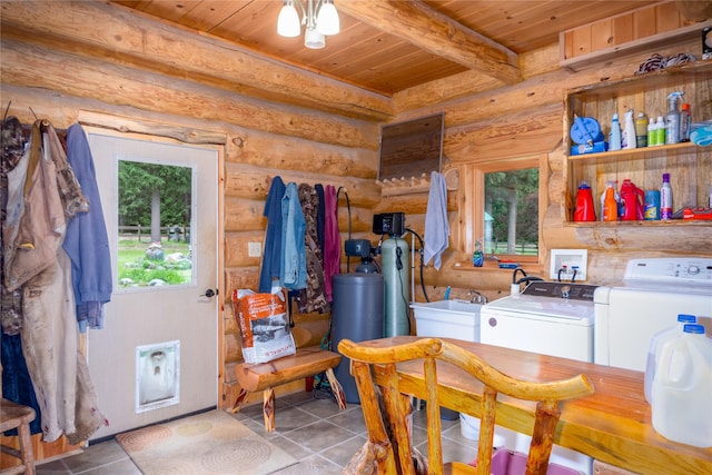 washroom with rustic walls, wood ceiling, and independent washer and dryer