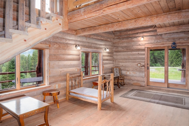 living area featuring hardwood / wood-style floors, rustic walls, wooden ceiling, and beam ceiling