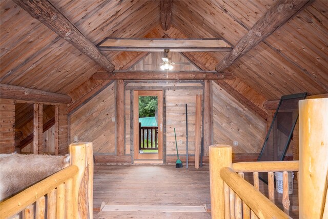 interior space featuring hardwood / wood-style floors, lofted ceiling with beams, wood walls, and wooden ceiling