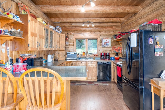 kitchen featuring black appliances, log walls, beamed ceiling, kitchen peninsula, and wood ceiling