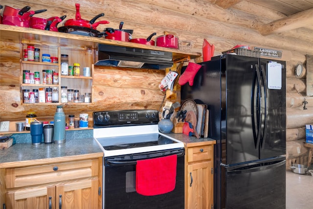 kitchen featuring log walls, white electric stove, and black refrigerator