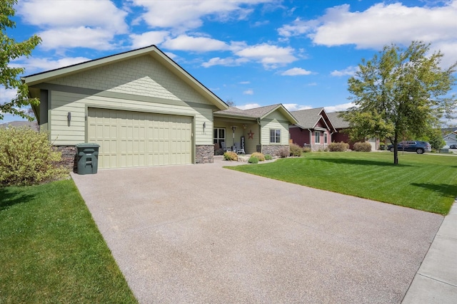 ranch-style home featuring a garage, driveway, stone siding, and a front yard