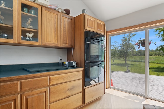 kitchen featuring lofted ceiling and black double oven