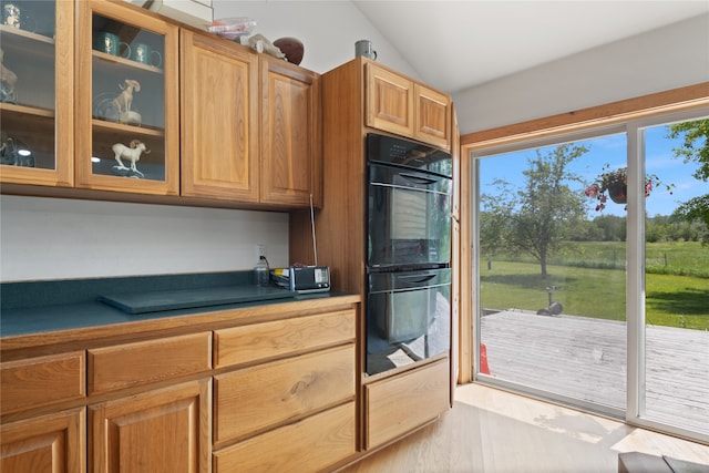 625 Middle Burnt Fork Rd, Stevensville, MT 59870 - kitchen featuring lofted ceiling, glass insert cabinets, and dark countertops