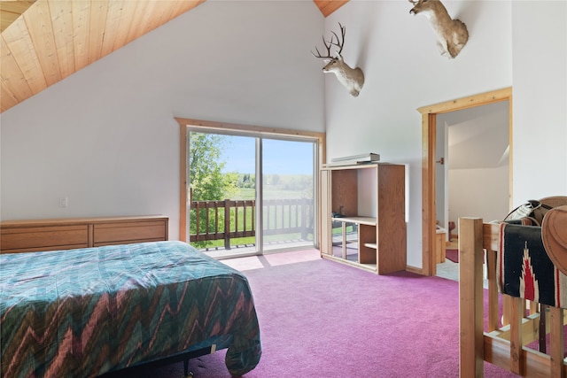 bedroom with wooden ceiling, high vaulted ceiling, carpet, and access to exterior