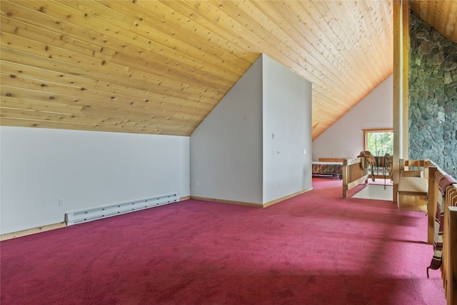 625 Middle Burnt Fork Rd, Stevensville, MT 59870 - additional living space with a baseboard heating unit, carpet floors, lofted ceiling, and wood ceiling