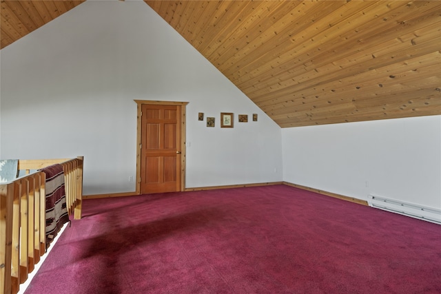 bonus room with lofted ceiling, wood ceiling, and carpet flooring