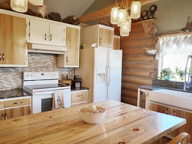 kitchen with tasteful backsplash, white appliances, rustic walls, custom exhaust hood, and vaulted ceiling