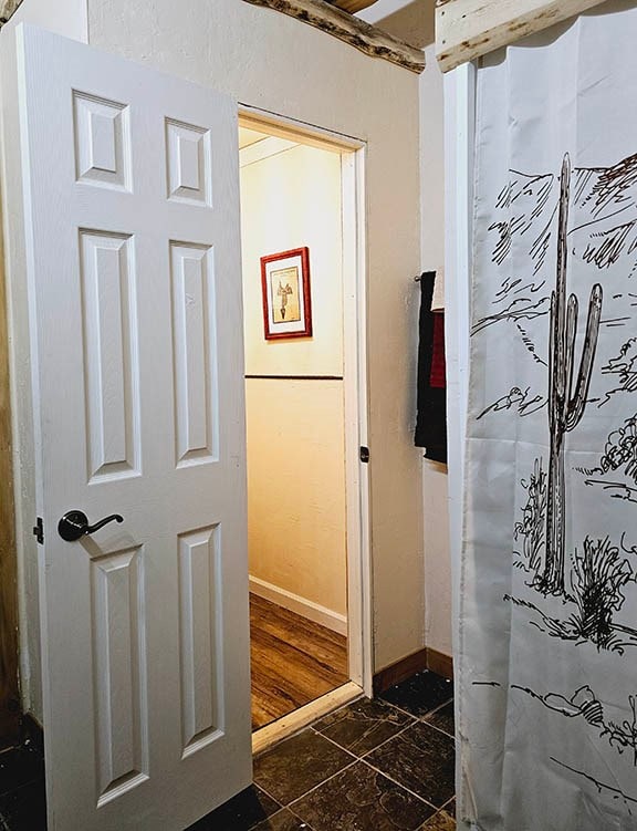 bathroom with wood-type flooring