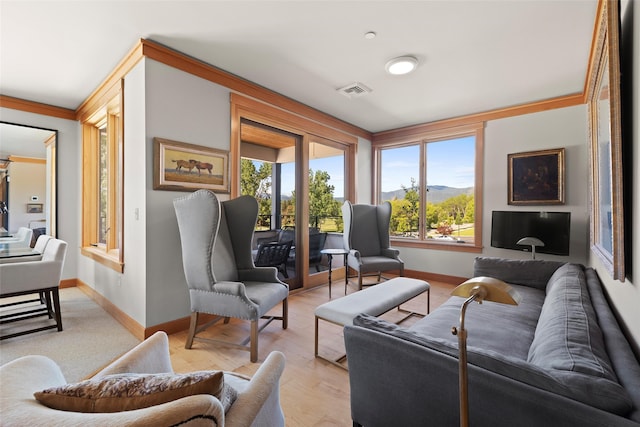 living room featuring ornamental molding and light hardwood / wood-style flooring