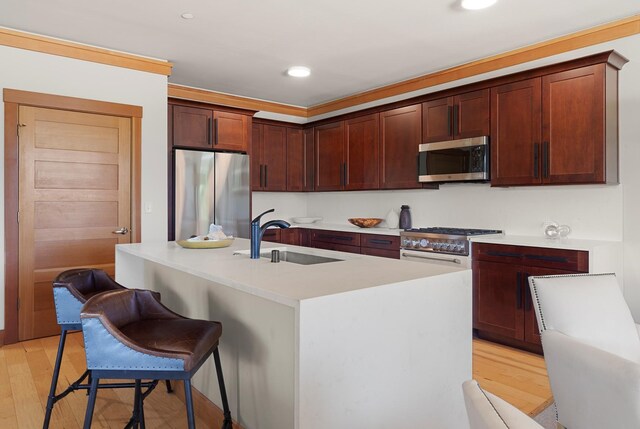 kitchen with an island with sink, appliances with stainless steel finishes, sink, and light wood-type flooring