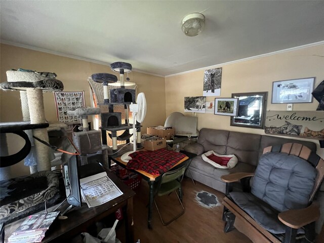 dining room with wood-type flooring and ornamental molding