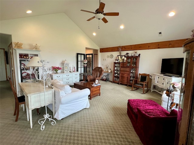 living room featuring light carpet, ceiling fan, and high vaulted ceiling