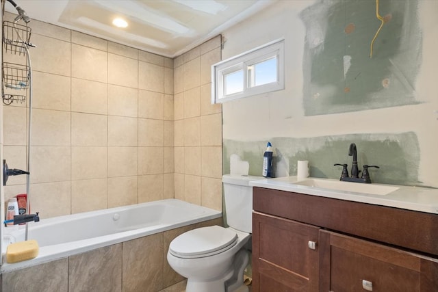 full bathroom featuring vanity, tile walls, tiled shower / bath combo, and toilet