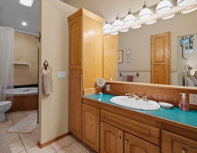 full bathroom with tile patterned flooring, vanity, toilet, and plus walk in shower