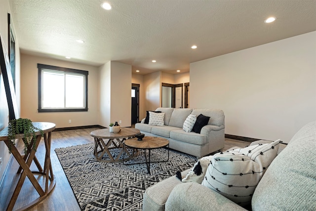 living room with hardwood / wood-style floors and a textured ceiling