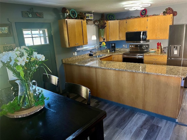 kitchen featuring kitchen peninsula, sink, dark hardwood / wood-style floors, and appliances with stainless steel finishes