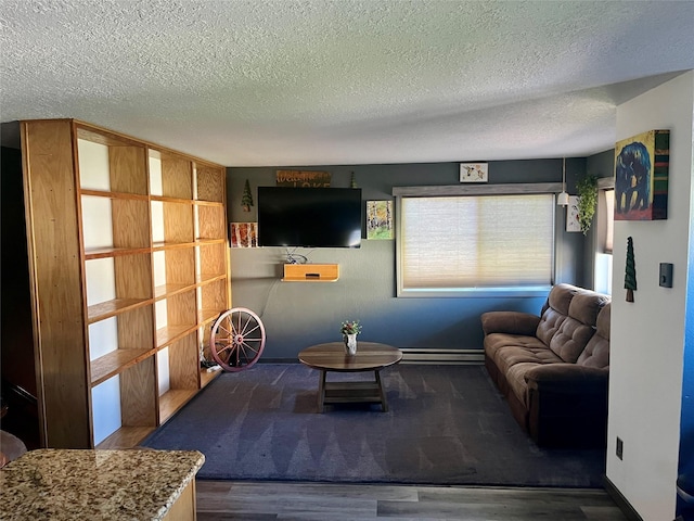 living room with wood-type flooring and a textured ceiling