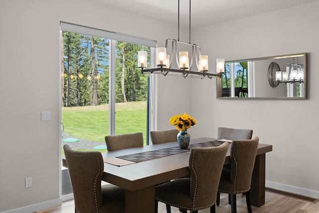 dining space with a healthy amount of sunlight, a chandelier, and light hardwood / wood-style floors