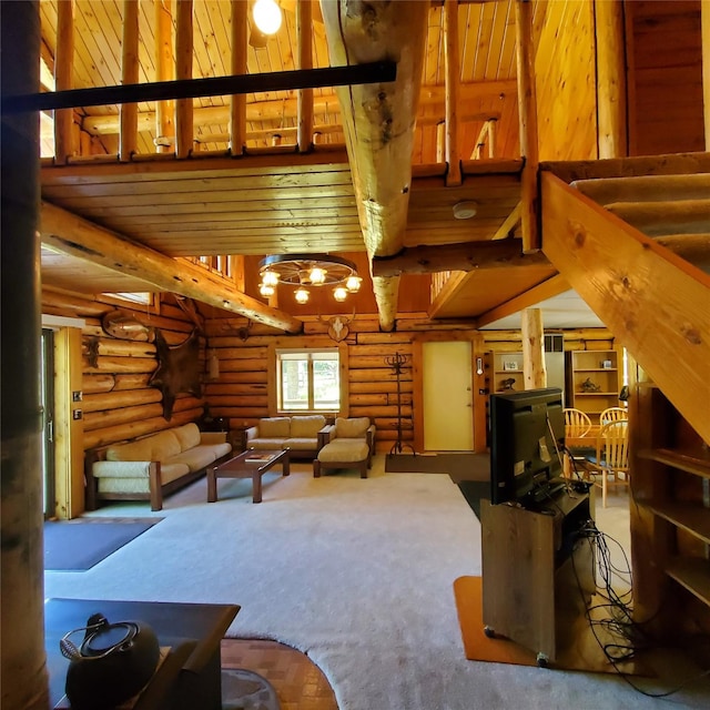 15426 Steamboat Dr, Augusta, MT 59410 - living room featuring carpet flooring, a high ceiling, and beamed ceiling