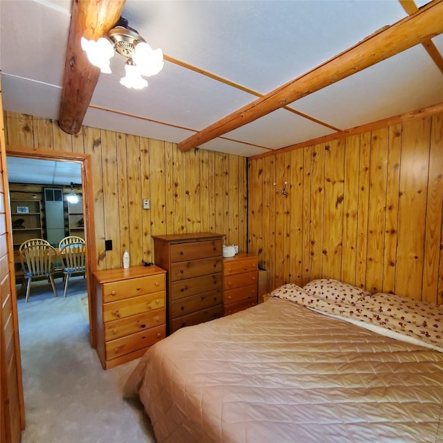 15426 Steamboat Dr, Augusta, MT 59410 - bedroom with carpet flooring, wooden walls, and beamed ceiling