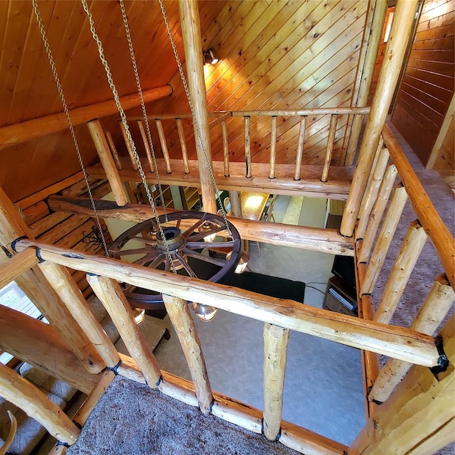 15426 Steamboat Dr, Augusta, MT 59410 - staircase with lofted ceiling and wood ceiling