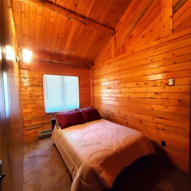15426 Steamboat Dr, Augusta, MT 59410 - bedroom with wooden ceiling, wood walls, vaulted ceiling with beams, and baseboard heating