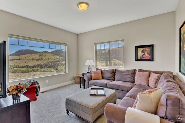 living room featuring light colored carpet