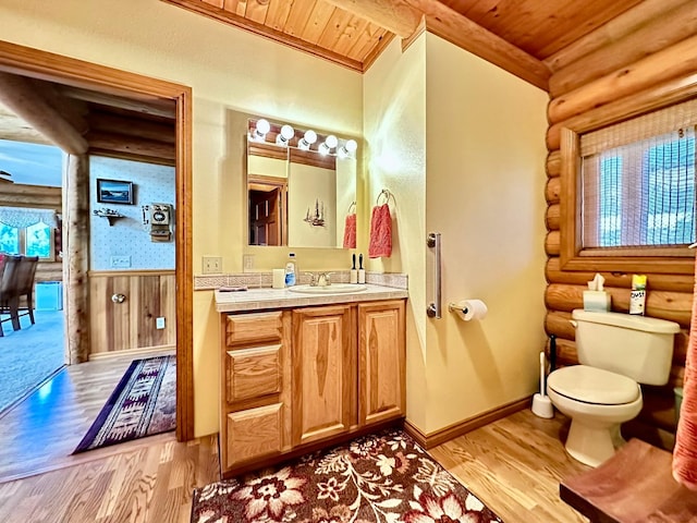 bathroom with rustic walls, hardwood / wood-style floors, wooden ceiling, and toilet