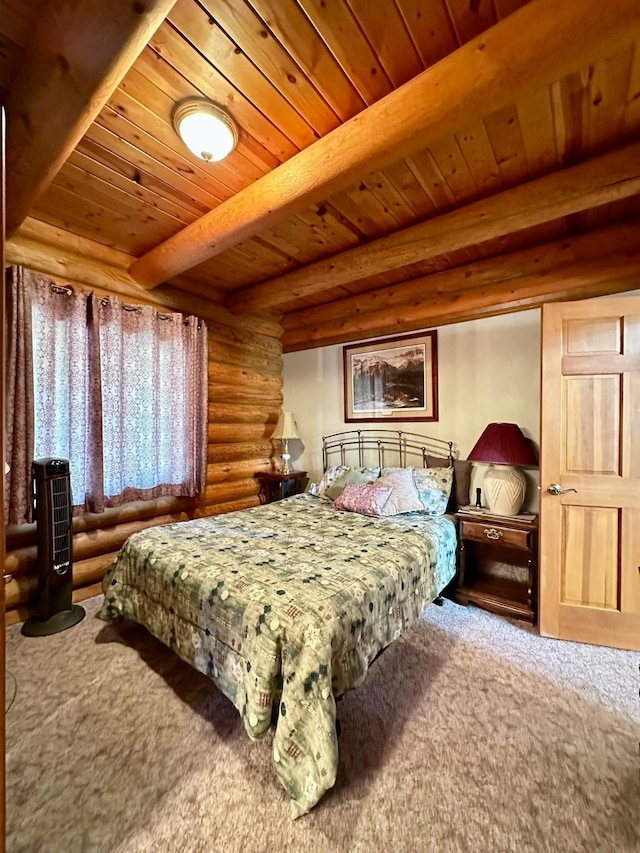 bedroom featuring carpet flooring, beam ceiling, rustic walls, and wood ceiling