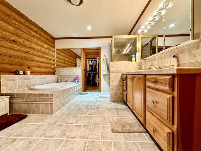 bathroom with rustic walls, plus walk in shower, vanity, and ornamental molding