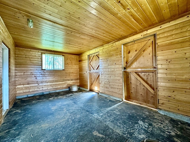 empty room featuring wooden ceiling and wooden walls