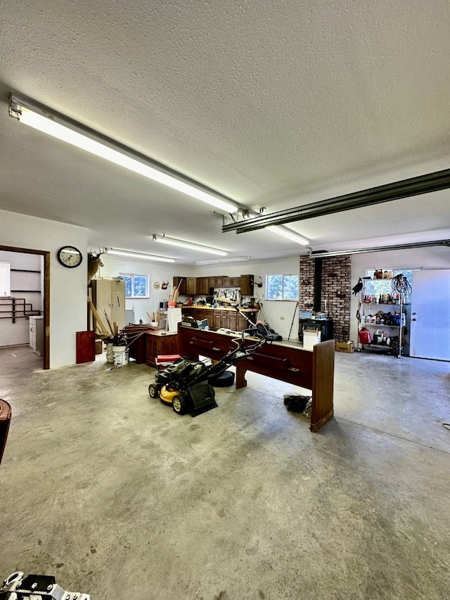 garage with a wood stove