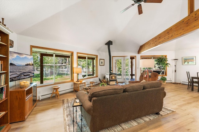 living room featuring baseboard heating, ceiling fan, lofted ceiling with beams, light hardwood / wood-style flooring, and a wood stove