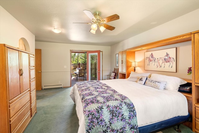 carpeted bedroom with baseboard heating, ceiling fan, and access to outside