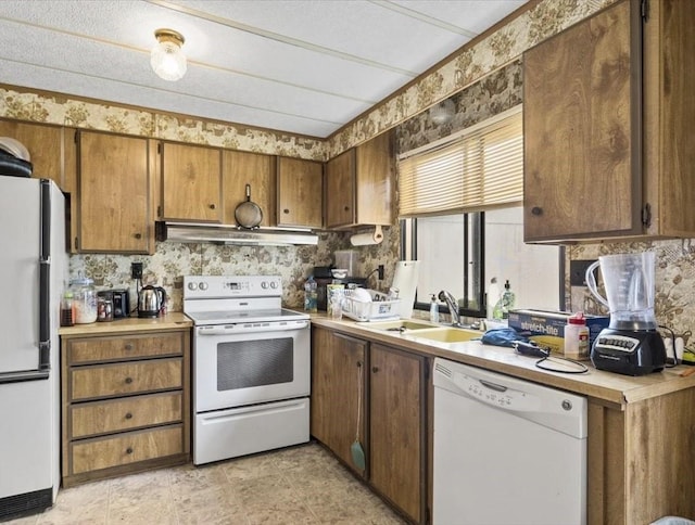 kitchen featuring tasteful backsplash, sink, and white appliances