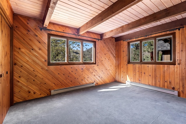 spare room featuring a baseboard heating unit, carpet, beam ceiling, and wooden walls