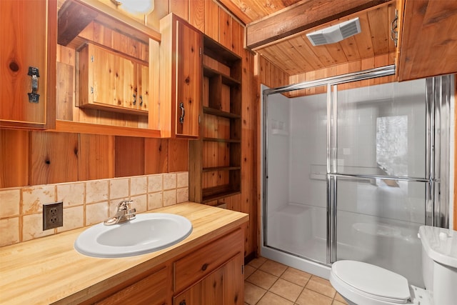 bathroom with backsplash, vanity with extensive cabinet space, toilet, wood ceiling, and a shower with door