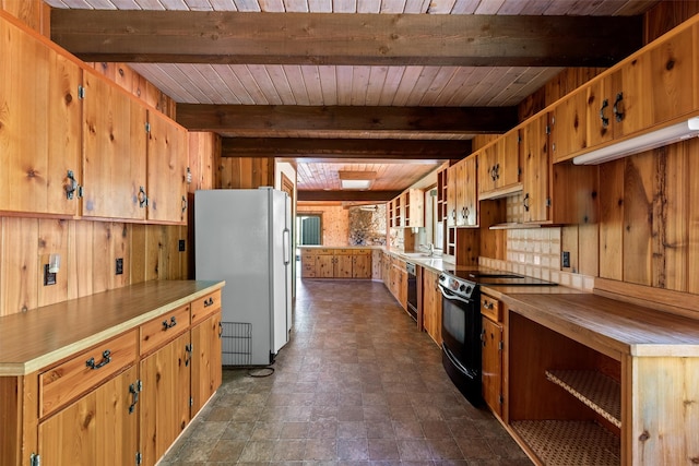 kitchen featuring white fridge, beamed ceiling, black range with electric stovetop, dark tile floors, and wooden ceiling