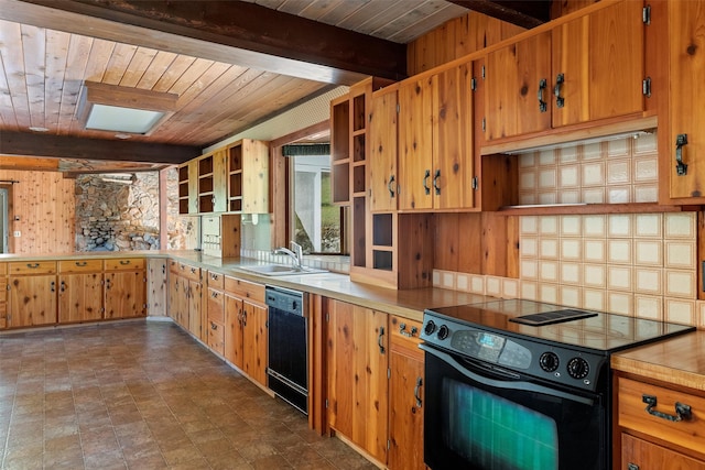 kitchen with black appliances, beam ceiling, sink, wood ceiling, and dark tile floors