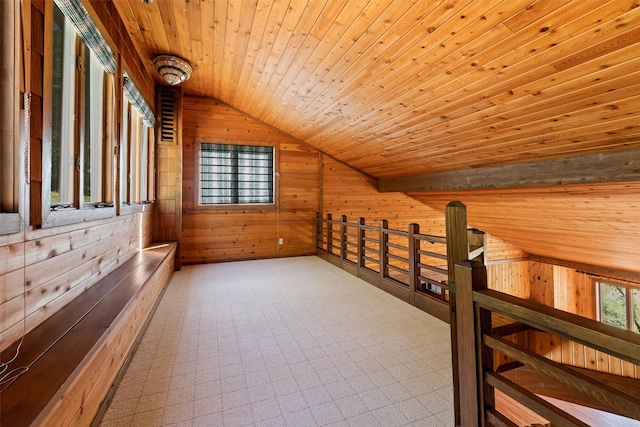 interior space featuring wooden ceiling, wood walls, and vaulted ceiling