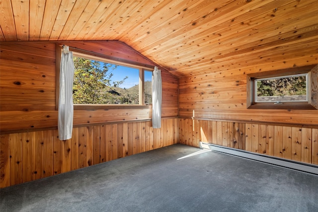 unfurnished room with a baseboard heating unit, a wealth of natural light, carpet flooring, and vaulted ceiling