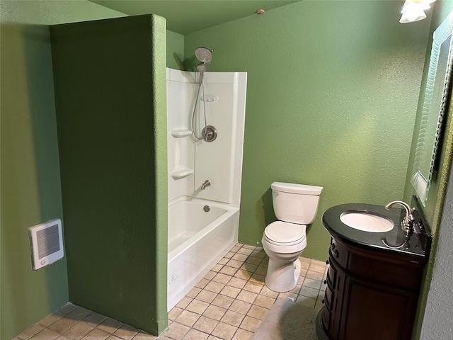 full bathroom with vanity, shower / tub combination, tile patterned floors, and toilet