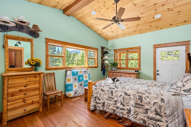 bedroom with lofted ceiling with beams, wood-type flooring, wooden ceiling, and a ceiling fan