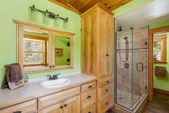 bathroom with a shower stall, wood finished floors, and vanity