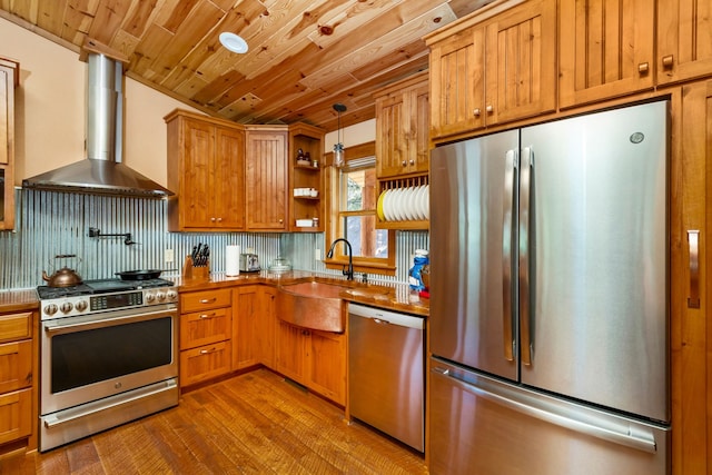 kitchen with stainless steel appliances, a sink, wood ceiling, backsplash, and wall chimney exhaust hood