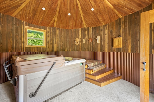 miscellaneous room featuring lofted ceiling, wood ceiling, and wood walls