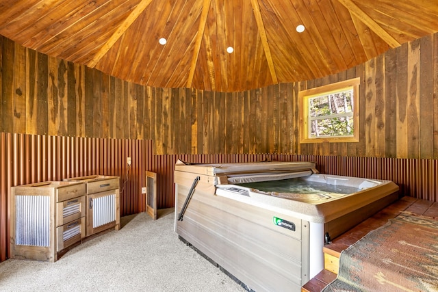 interior space featuring carpet floors, wood ceiling, vaulted ceiling, and wooden walls